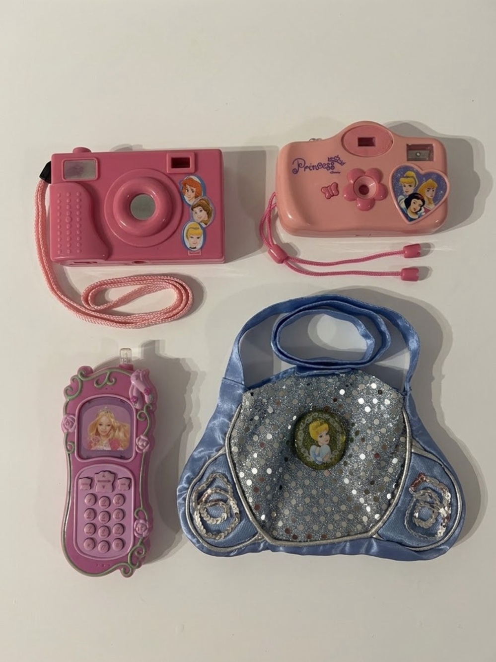 Vintage Disney Princess & Barbie Y2K Lot – 2 Cameras, Phone & Cinderella Purse